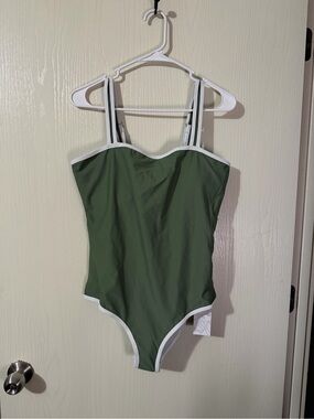 Classic Olive Green One-Piece Swimsuit with White Trim Size Large NWT